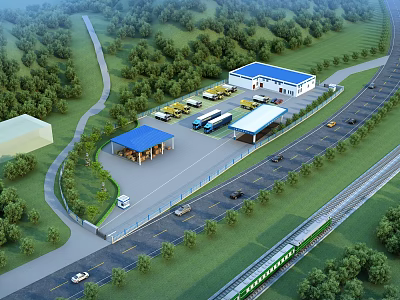 Aerial Planning of Gas Station Complex with Parking Lot Buildings Roads and Greenery 3d model