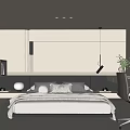 Modern Minimalist Bedroom Interior Design With Comfortable Bed Hanging Lamp And Wooden Desk