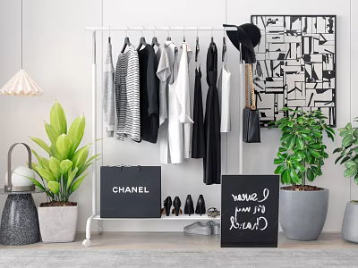 White Clothes Rack With Hanging Clothes CHANEL Sign Shoes New Arrivals Board And Decorative Plants 3d model