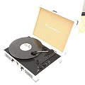 Crosley Open Record Player With Cream And Black Case And Vinyl Record On White Table