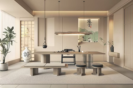 New Chinese Style Tea Room Chandelier Decoration Ornaments Tea Table and Chair 3d model