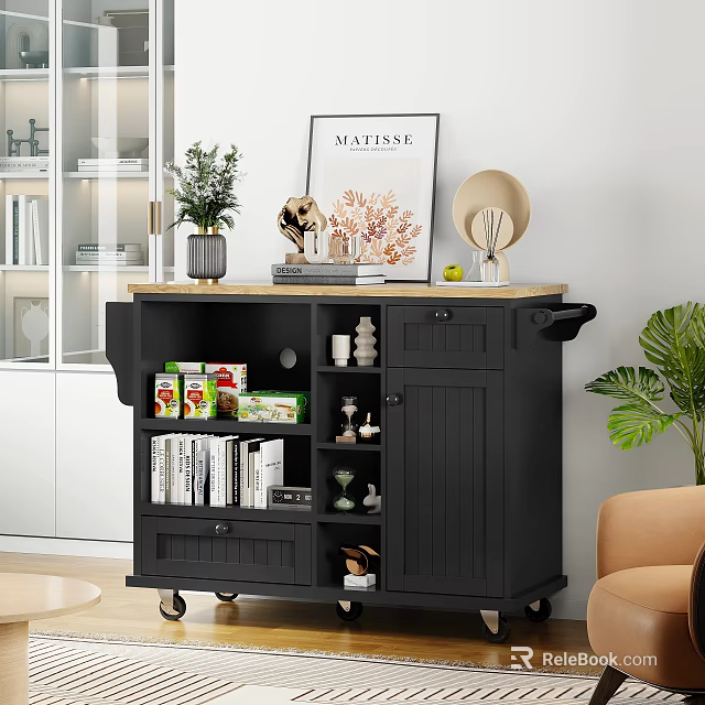 Modern Black Console Cabinet Sideboard With Wheels Storage Decorative Plant Framed Art And Hat 3d model 