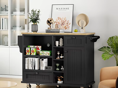 Modern Black Console Cabinet Sideboard With Wheels Storage Decorative Plant Framed Art And Hat 3d model
