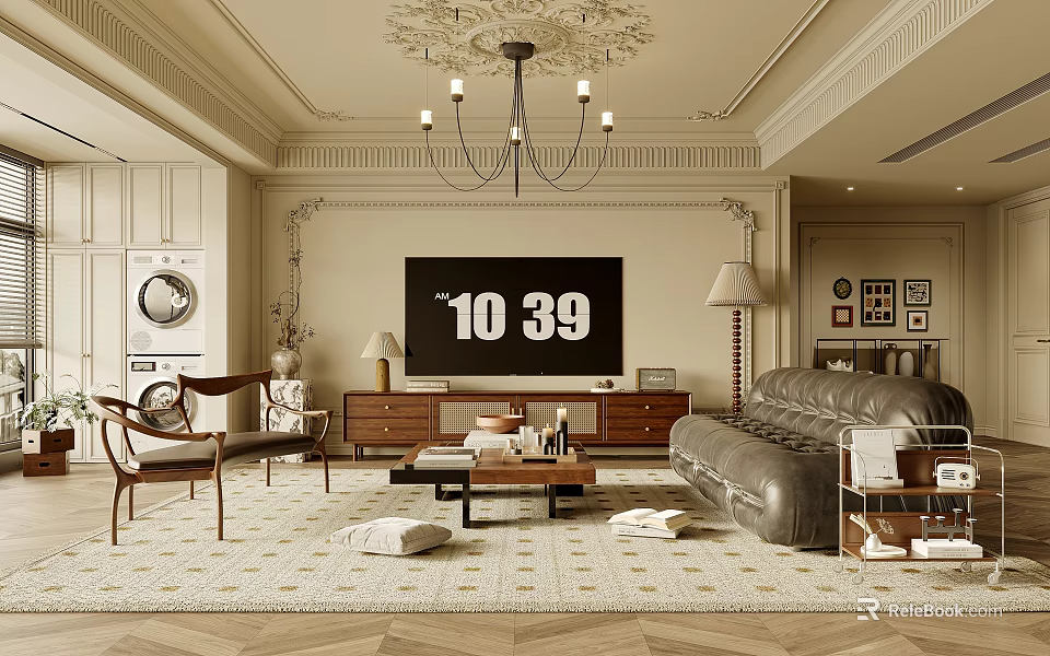 Elegant Modern Living Room Interior With Leather Sofa Wooden Coffee Table And Chandelier 3d model 