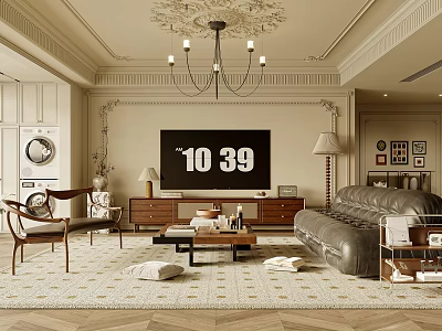 Elegant Modern Living Room Interior With Leather Sofa Wooden Coffee Table And Chandelier 3d model