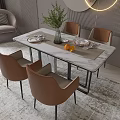 Modern Dining Table Set with Brown Chairs Marble Top Green Plant Oranges Tableware 3d model