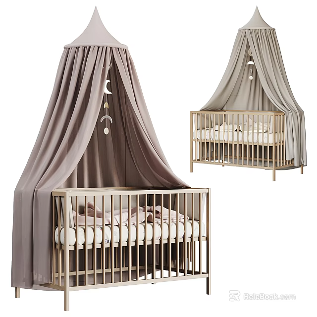 Modern Baby Crib With Gold Frame Light Gray Canopy Soft Bedding And Decorative Hanging 3d model 