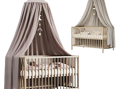 Modern Baby Crib With Gold Frame Light Gray Canopy Soft Bedding And Decorative Hanging 3d model