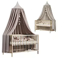 Modern Baby Crib With Gold Frame Light Gray Canopy Soft Bedding And Decorative Hanging