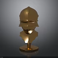 Golden Medieval Armor Helmet With Metallic Finish On Display Stand