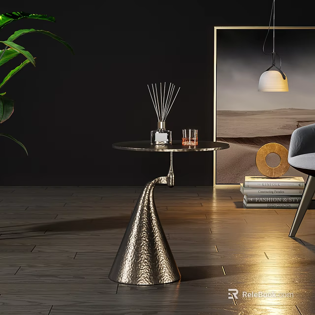 Modern Living Room Interior With Round Coffee Table Aromatic Diffuser Glass Cups And Green Plant 3d model 