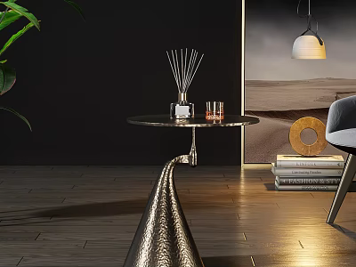 Modern Living Room Interior With Round Coffee Table Aromatic Diffuser Glass Cups And Green Plant 3d model