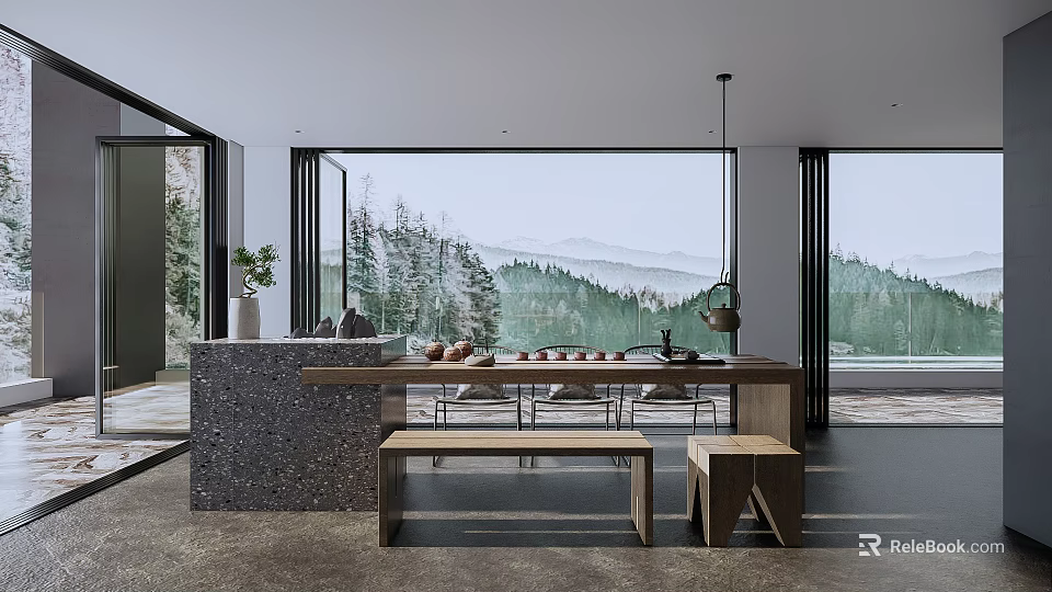Tranquil Tea Room Interior With Large Windows Forest Mountain View And Wooden Table 3d model