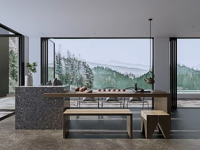 Tranquil Tea Room Interior With Large Windows Forest Mountain View And Wooden Table 3d model
