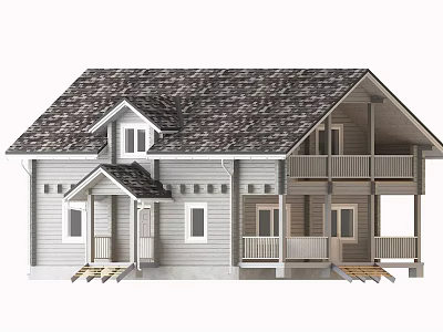 Two Story Gray Exterior Detached House With Tile Roof Balcony And Windows 3d model