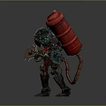 Biomechanical Character With Red Top Structures Holding Gear Weapon And Decorative Armor