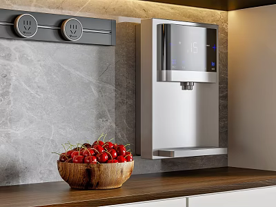 Modern Kitchen With Wall Mounted Water Dispenser Marble Wall Wooden Countertop And Cherries In Bowl 3d model