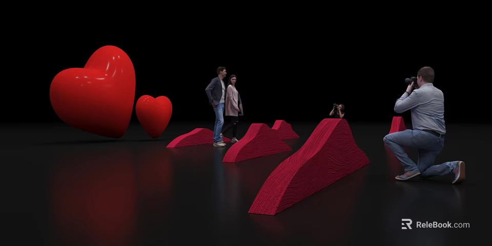 Red Heart Sculptures And Wave Structures Photo Spot For People Taking 3d model 