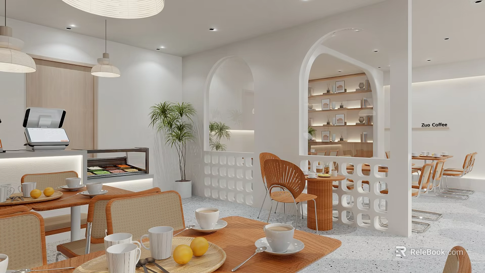 Modern Open Cafe Interior With White Walls Arched Doorways Wooden Tables Plants And Display Shelves 3d model 