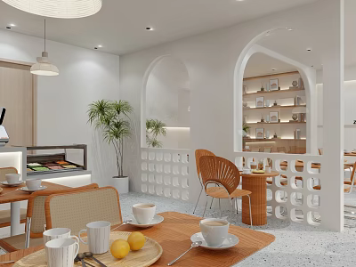 Modern Open Cafe Interior With White Walls Arched Doorways Wooden Tables Plants And Display Shelves 3d model