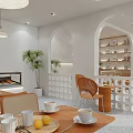Modern Open Cafe Interior With White Walls Arched Doorways Wooden Tables Plants And Display Shelves
