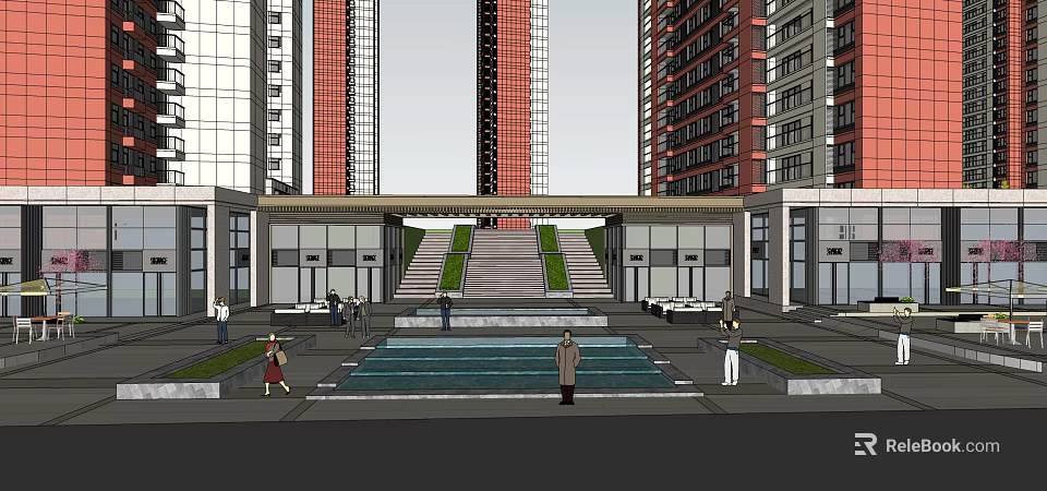 Modern Residential Entrance Gate With High Rise Buildings Steps And Water Pool 3d model 