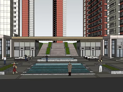 Modern Residential Entrance Gate With High Rise Buildings Steps And Water Pool 3d model