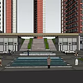 Modern Residential Entrance Gate With High Rise Buildings Steps And Water Pool