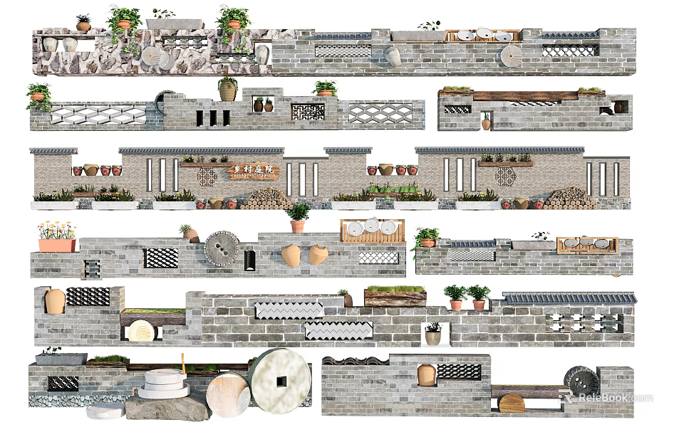 Traditional Stone Feature Wall Design With Potted Plants Lattice Patterns And Circular Decorations 3d model