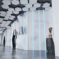Modern Reception Desk Interior With Geometric Ceiling Marble Countertop And World Map Decor