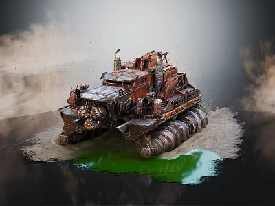 Rusted Armored Military Vehicle In Apocalyptic Muddy Terrain With Green Liquid And Smoke 3d model