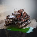 Rusted Armored Military Vehicle In Apocalyptic Muddy Terrain With Green Liquid And Smoke