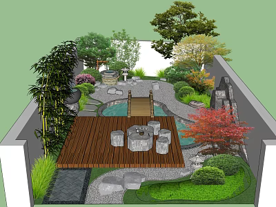 Garden Landscape Design With Wooden Deck Stone Seats Bamboo Red Maple And Small Pond 3d model