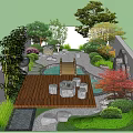 Garden Landscape Design With Wooden Deck Stone Seats Bamboo Red Maple And Small Pond
