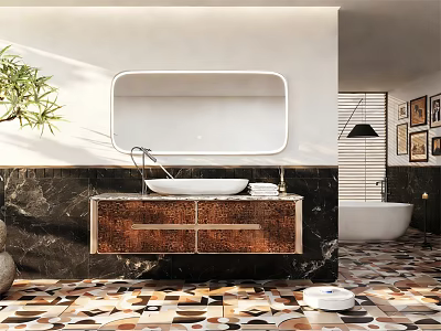 Modern Bathroom Vanity With Oval Mirror Marble Countertop And Colorful Tile Floor 3d model