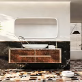 Modern Bathroom Vanity With Oval Mirror Marble Countertop And Colorful Tile Floor
