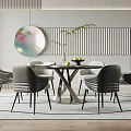 Modern Restaurant Interior With Round Dining Table Grey Chairs Circular Decor And Striped Wall