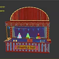 Red Kiosk With Arched Roof Decorative Patterns White Bunting Flags And Counter