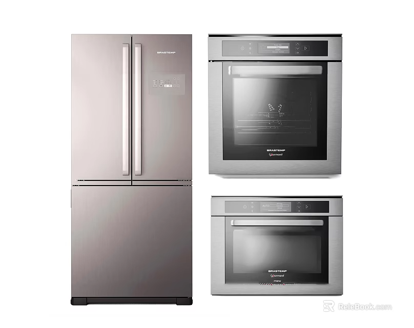 Modern Kitchen Appliances Set Including Stainless Steel Refrigerator And Oven 3d model 