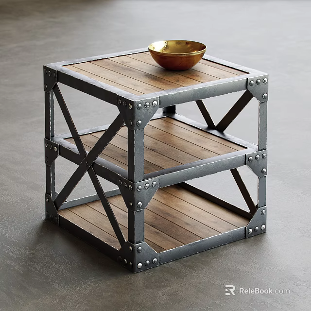 Industrial Style Side Table With Metal Frame Wooden Shelves And Gold Bowl 3d model 