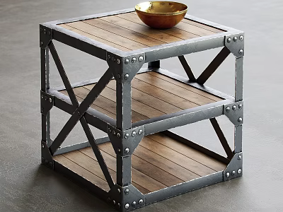 Industrial Style Side Table With Metal Frame Wooden Shelves And Gold Bowl 3d model