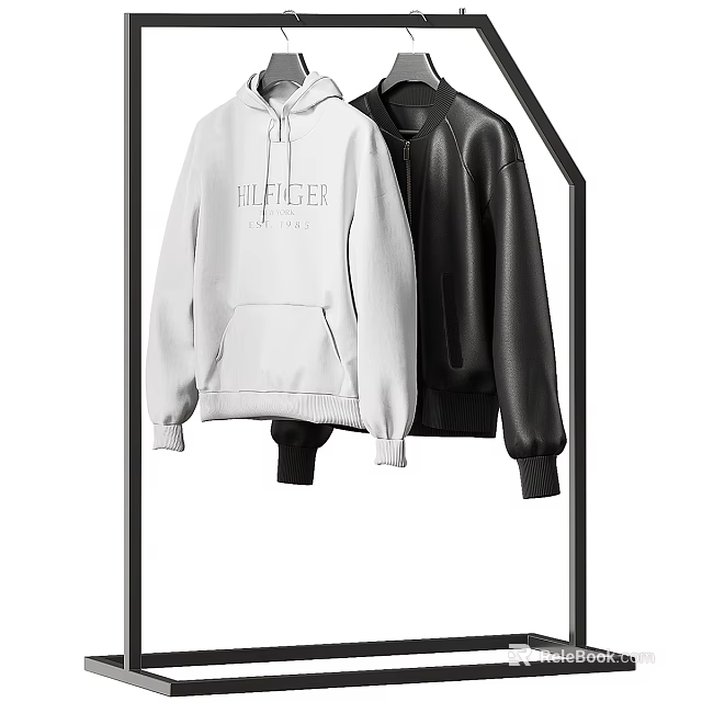 Stylish White Tommy Hilfiger Hoodie and Black Leather Jacket Hanging on Hanger 3d model 
