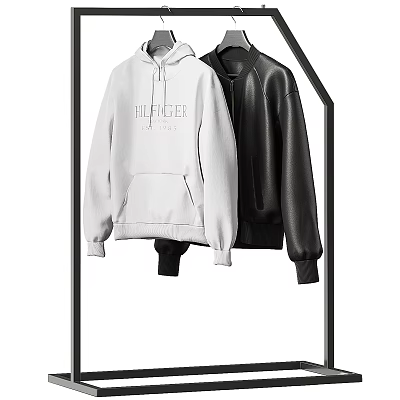 Stylish White Tommy Hilfiger Hoodie and Black Leather Jacket Hanging on Hanger 3d model