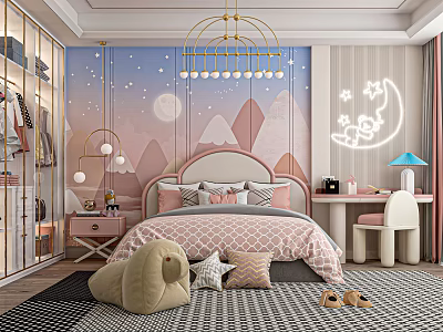 Kids Room Interior With Starry Moon Backdrop Chandelier Bed Plush Toy And Desk 3d model