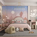 Kids Room Interior With Starry Moon Backdrop Chandelier Bed Plush Toy And Desk
