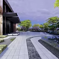 Modern Garden Landscape With Water Feature Circular Stepping Stones Green Trees And Sculpture
