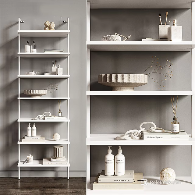 Modern White Wall Shelving Unit With Neatly Arranged Decorative Plates Bottles And Vases 3d model 