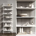 Modern White Wall Shelving Unit With Neatly Arranged Decorative Plates Bottles And Vases