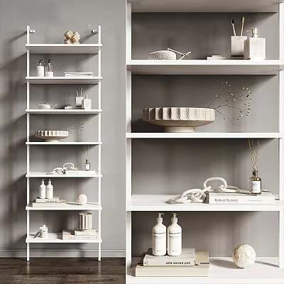 Modern White Wall Shelving Unit With Neatly Arranged Decorative Plates Bottles And Vases 3d model