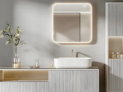 Modern Bathroom Combination With Backlit Mirror White Basin And Striped Cabinet 3d model